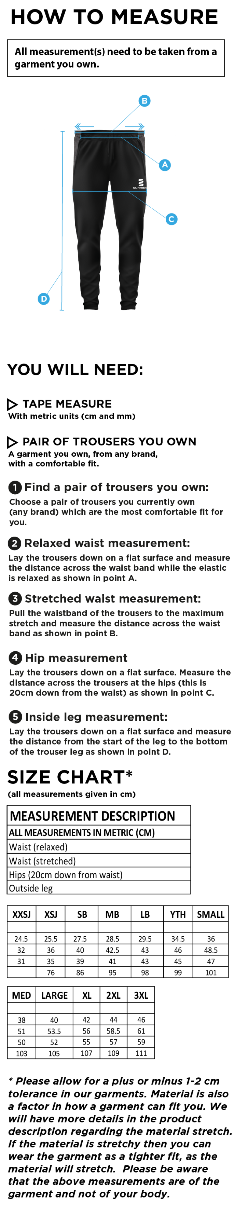 PENKRIDGE MIDDLE SCHOOL Tek Slim Training Pants : Navy - Size Guide